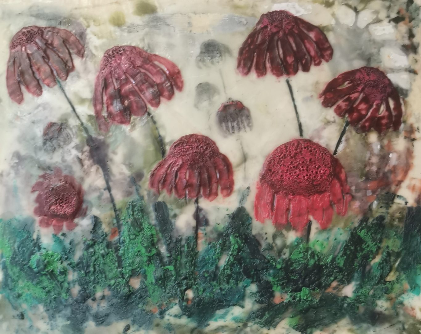 On repeat (40 x 50 cm) A field of red daisies fades into the distance.