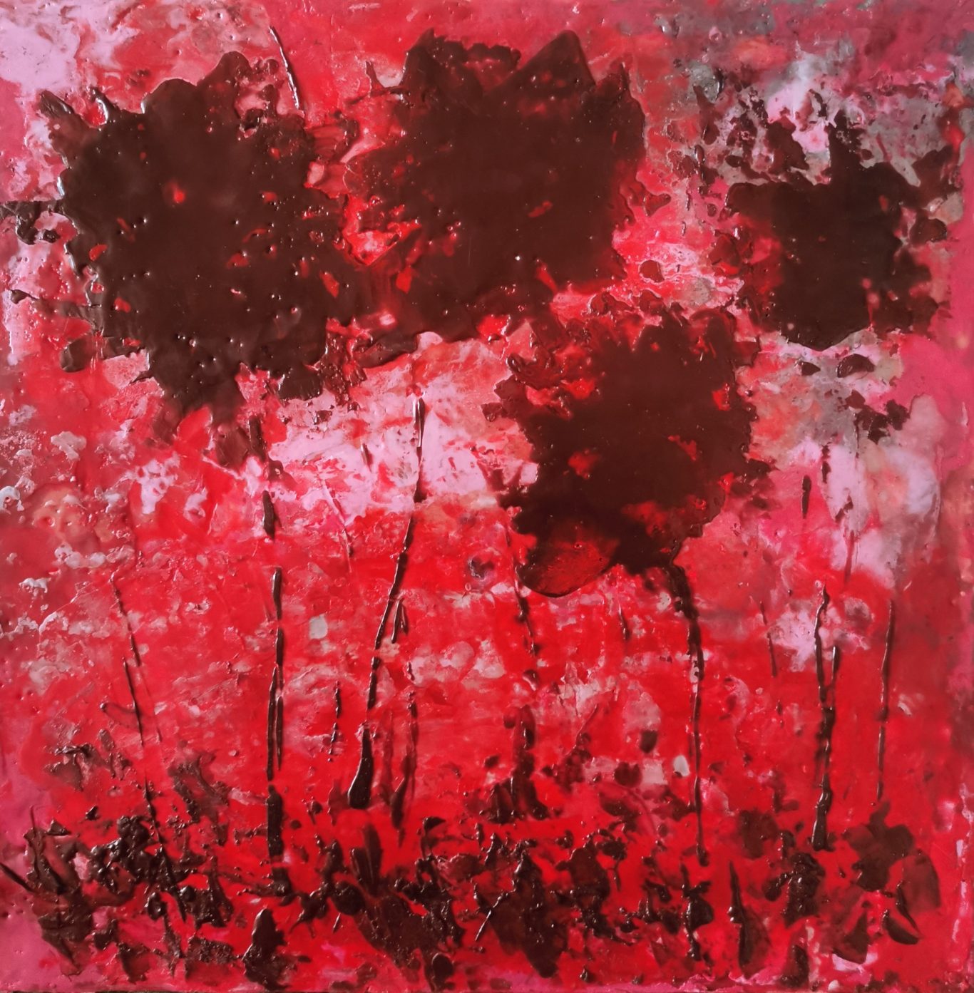 A strange kind of silence (30 x 30cm) Ragged red flowers are outlined in front of a red sky .