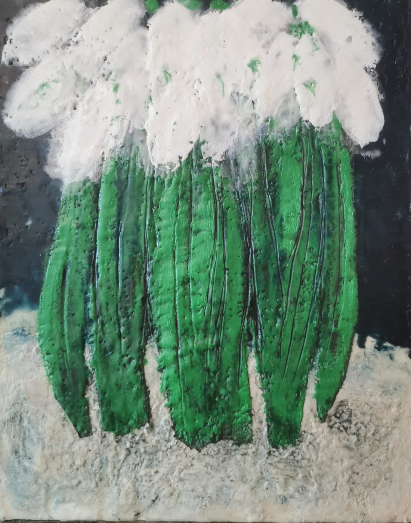 Then snowdrops (40 x 50cm) encaustic painting of snowdrops against a dark sky